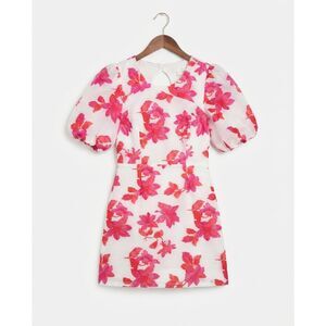 Entro Sweet Magnolia Floral Open-Back Puff-Sleeve Mini Dress